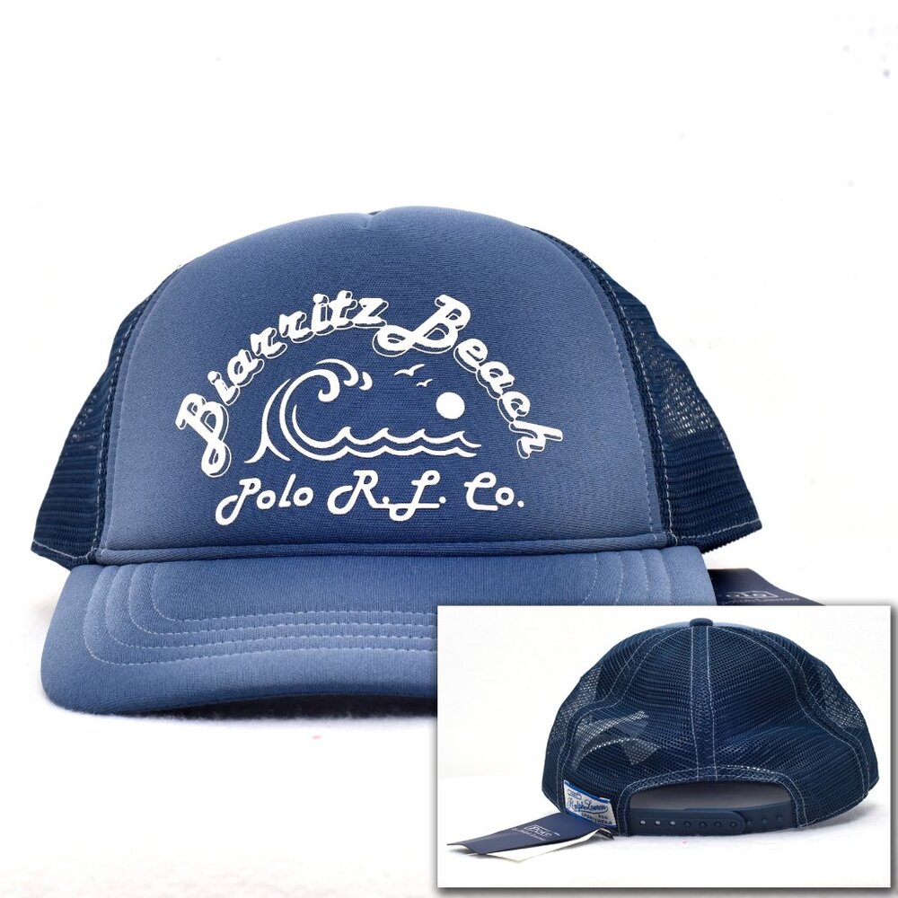 Polo Ralph Lauren Blue BIARRITZ BEACH Graphic Foam Trucker Baseball Cap Hat